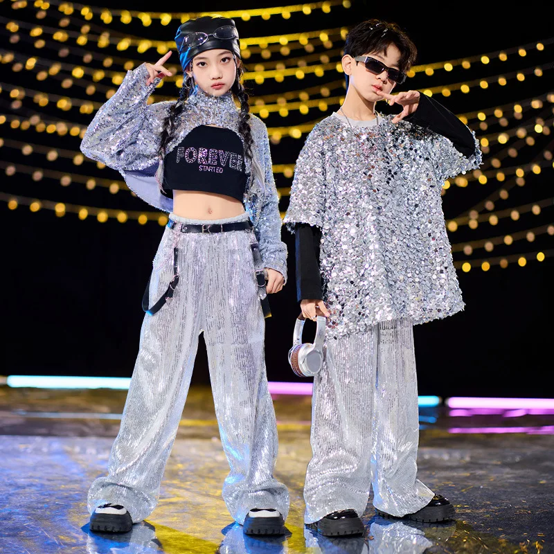 Kids Hip Hop Dance Kpop Outfit Girls Silver Sequins jazz Clothing Boys Street Wear Child Group Stage Performance Clothes