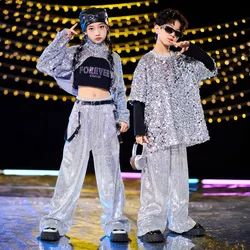 Kids Hip Hop Dance Kpop Outfit Girls Silver Sequins Jazz Clothing Boys Street Wear Child Group Stage Performance Clothes