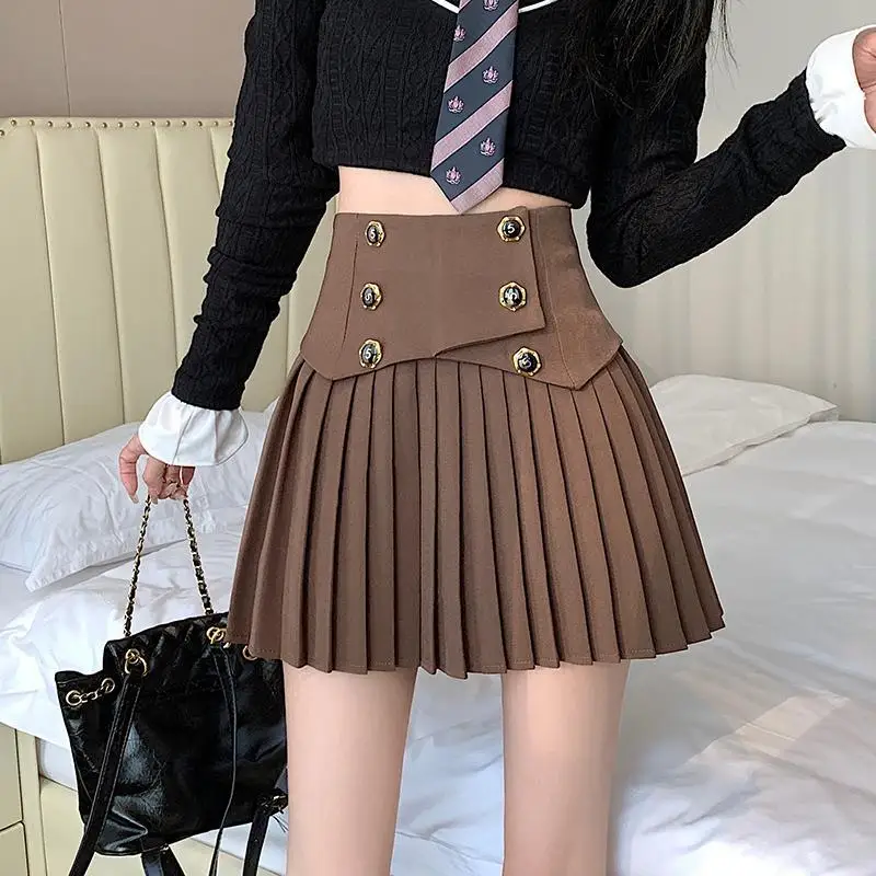 Pleated Skirt New Spring Autumn All-match Buttons Solid Color High Waist A-line Skirt Femme Preppy Style Pleated Trend Skirts