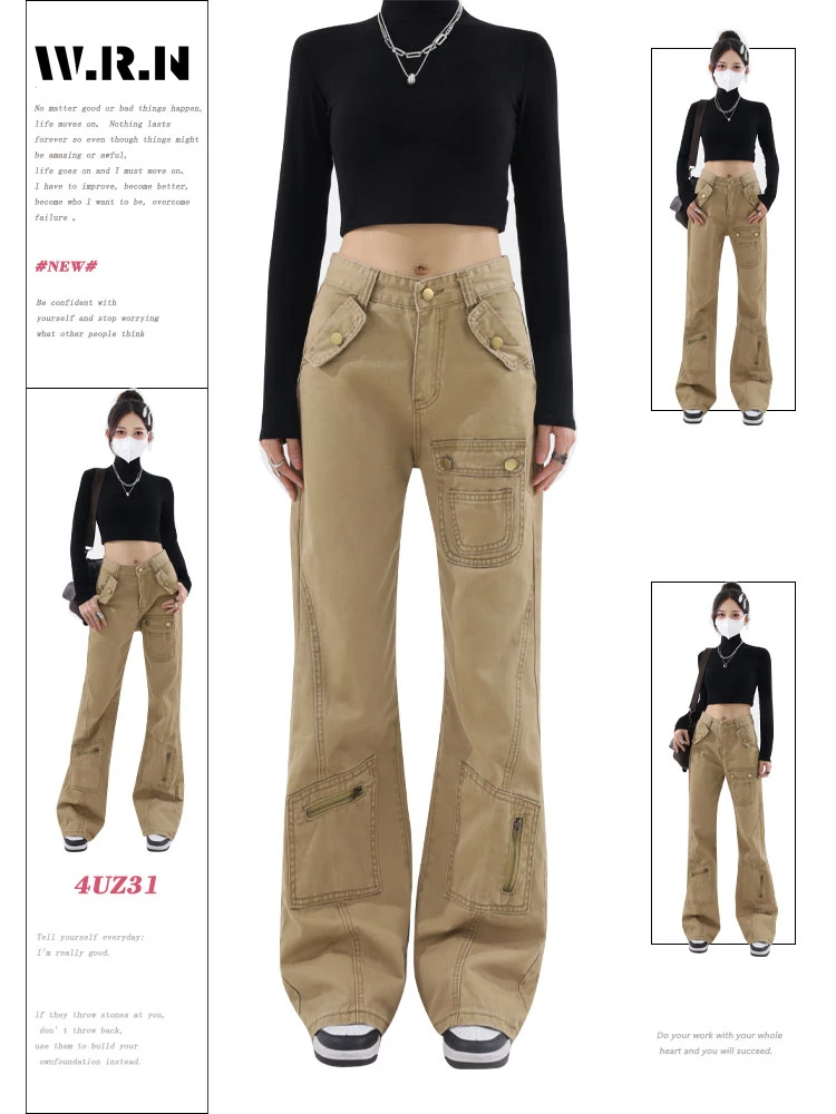 

Retro Streetwear Style Solid Color Cargo Pants Vintage High Waist Jeans Women's Wide Leg Baggy Y2K Full Length Denim Trouser