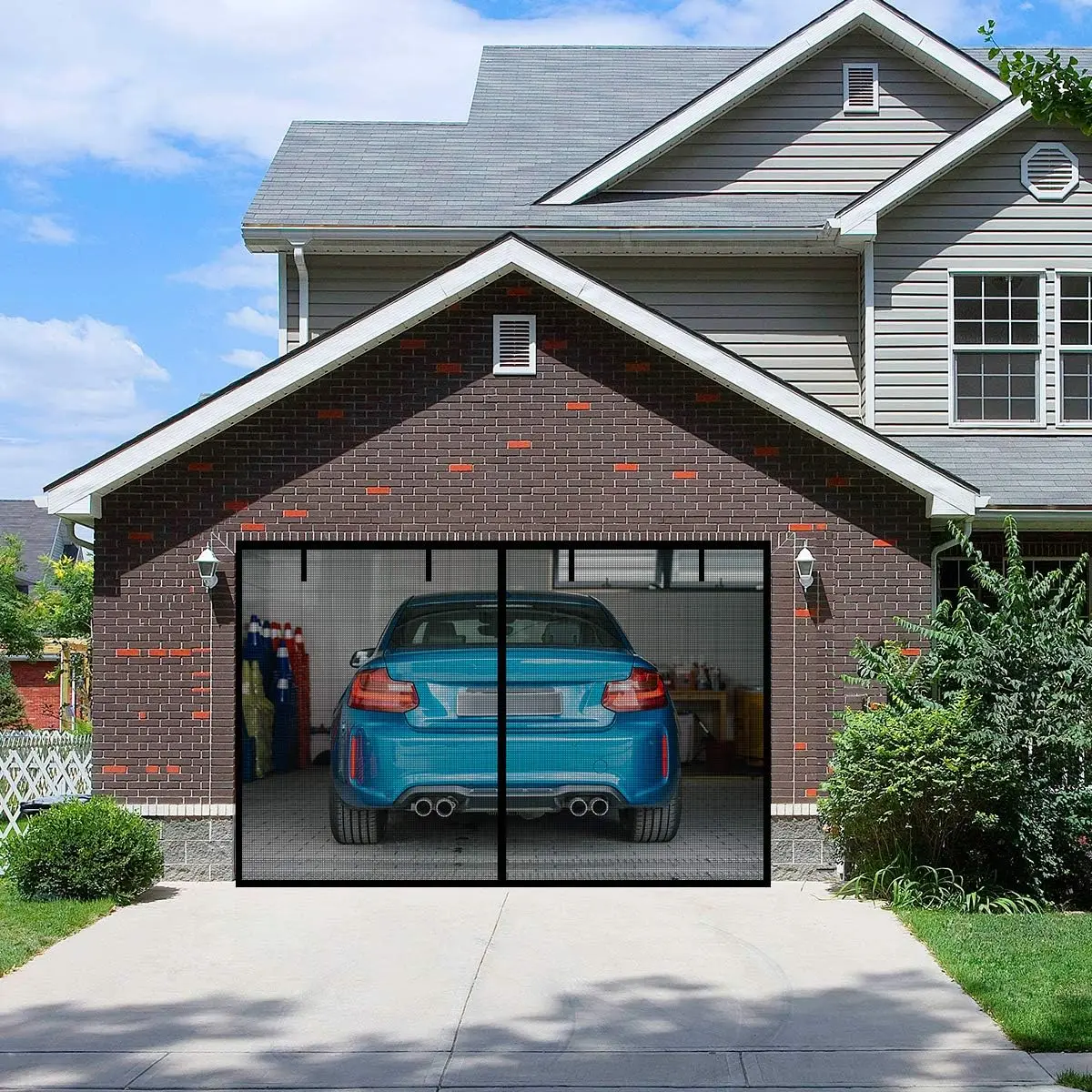 FBve Magnetic Garage Door Screen with 4 Strapping Tapes for 1 Car Garage 9x7ft, Reinforced Fiberglass Mesh Door Screen with C