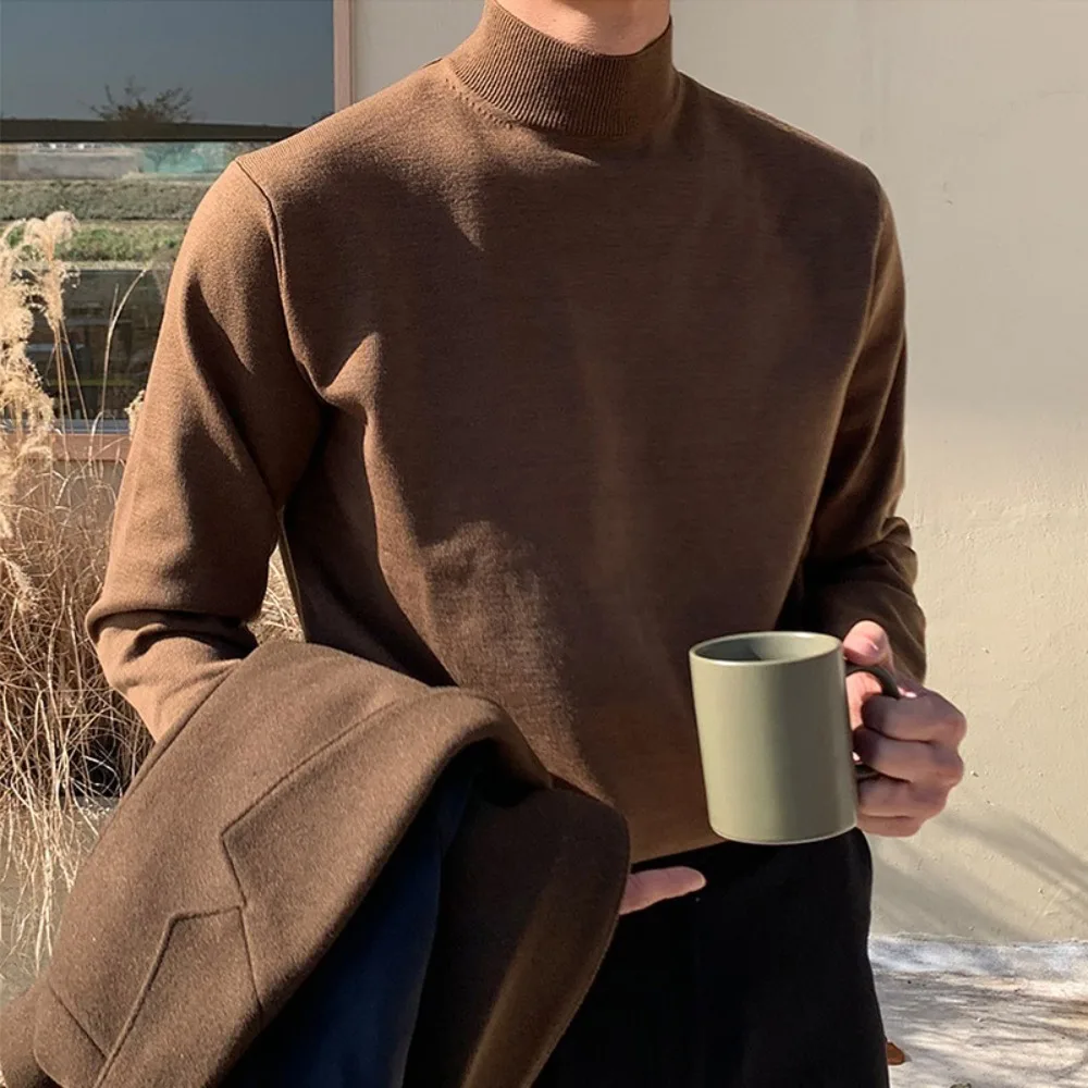 

Half high neck solid color sweater men's autumn and winter long sleeved knitted sweater versatile interior shirt