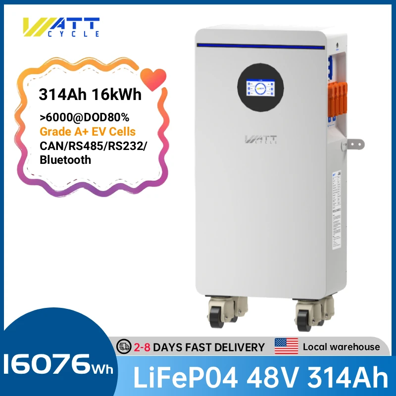 

Wattcycle 16kWh 48V 314Ah LiFePO4 Lithium Battery WALL-Mounted Built-in 200A BMS 15000+ Cycle For Solar System CAN/RS485