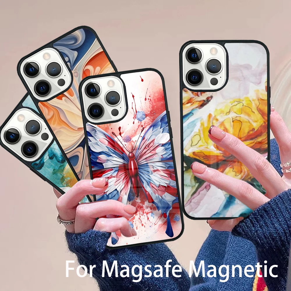 

Blue Red Butterfly Phone Case Magesafe Magnetic Wireless Charge Cover For IPhone 16 11 12 13 14 15 Pro Max Plus Mini