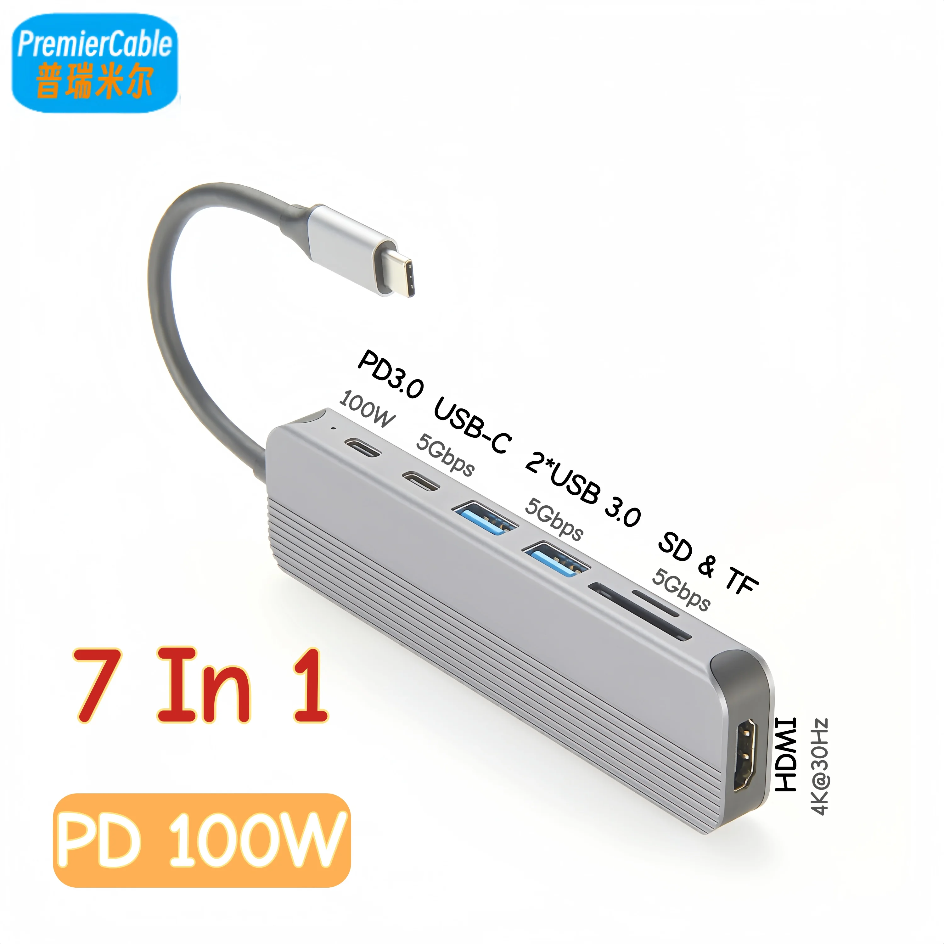 USB Type-C 7-In-1 Docking Station Hub 4K@30Hz HDMI 1.4 USB 3.0 PD 100W 5Gbps USB-C SD/TF Card Reader