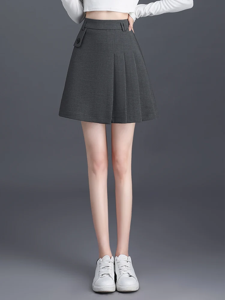 Autumn Black Gray Pleated knitted fabric Skirt Shorts lining Fashion High Waist Ladies S-3XL Size Female Above Knee Mini Skirt