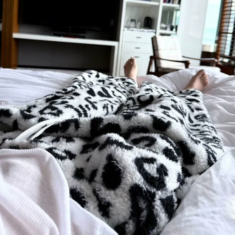Deeptown White Leopard Women Fleece Pants Wide Leg High Waist American Retro Straight Pajama Trousers Baggy Casual Thick Winter