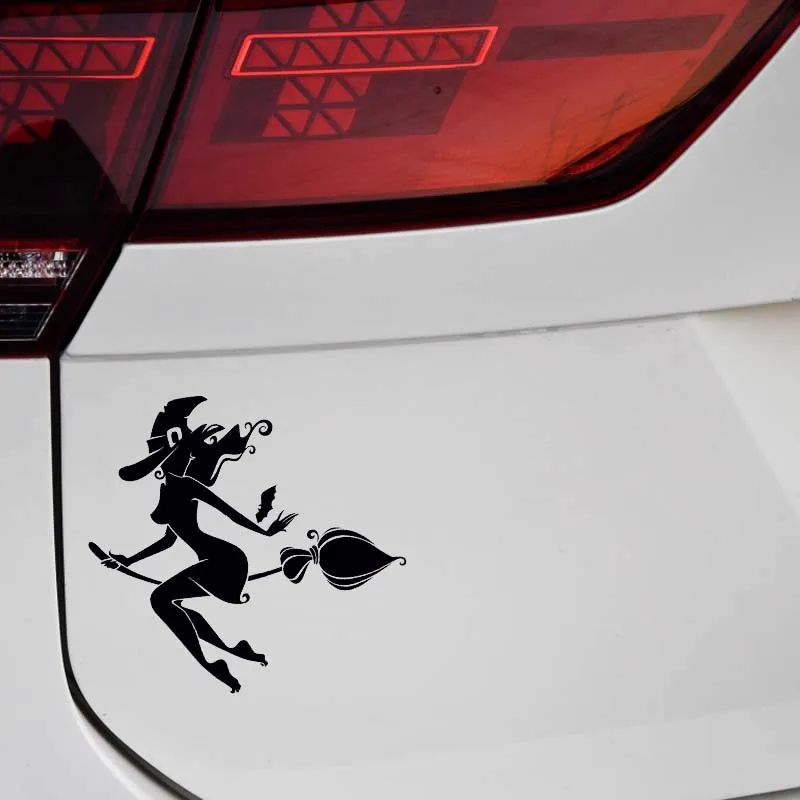 Z1084# Car Sticker For Witch On Broomstick With Cat Bats Decal Car Accessories Pegatinas Para Coche DIY Car Styling