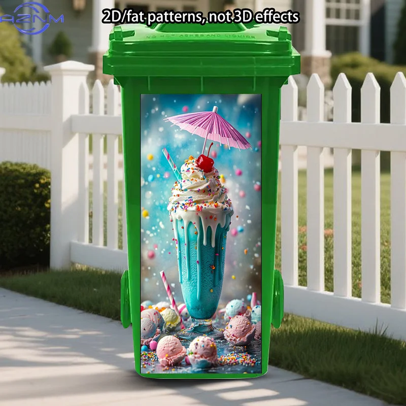1pc 2D Flat Colorful Sprinkles Trash Can Sticker | Vibrant Tropical Milkshake Self-Adhesive Art Stickers, Cherry Top, Pink Par