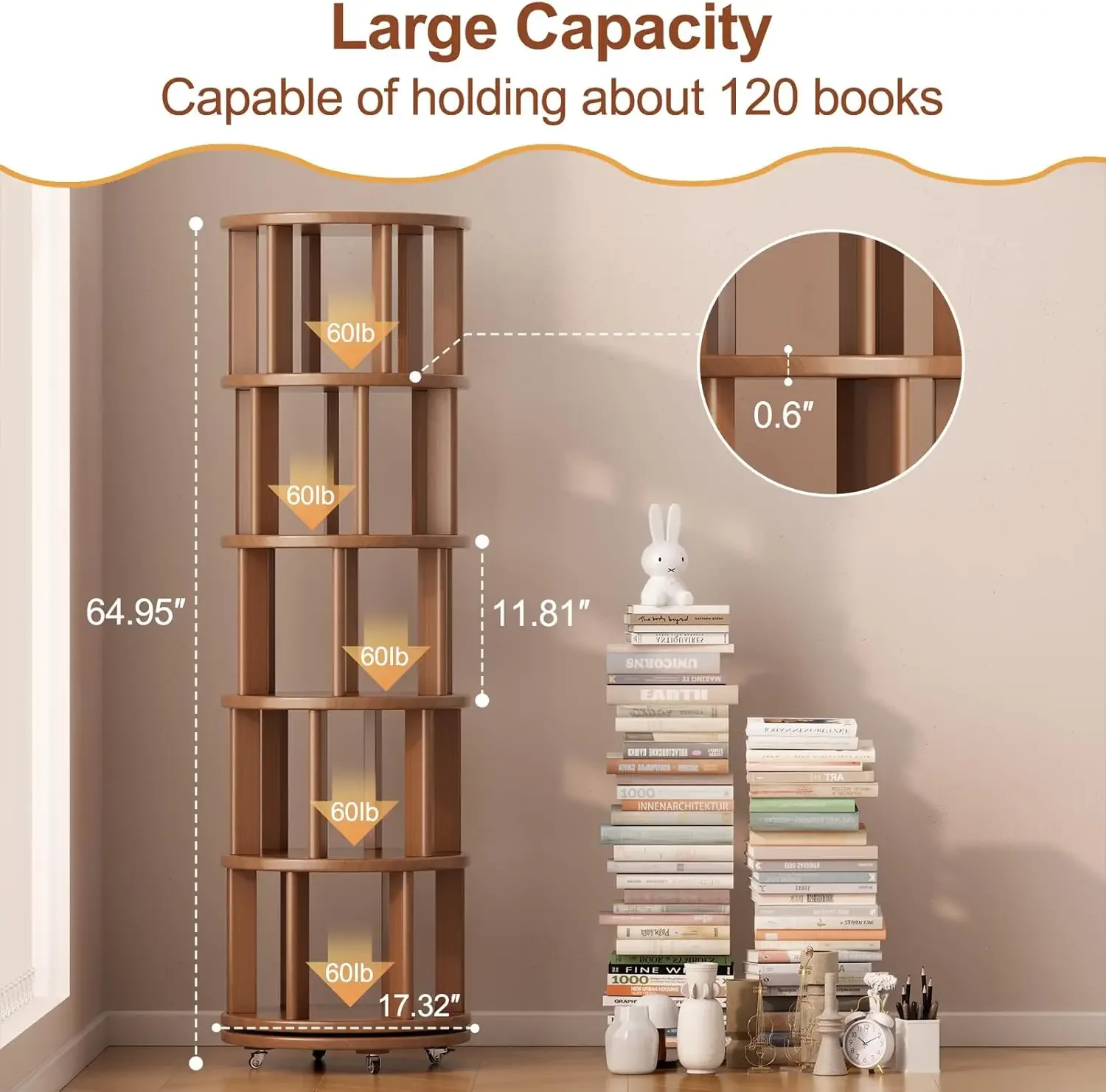 Rotating Bookshelf with Brake Wheels, 360°Display 5 Tier Floor Stackable Spinning Bookshelf Tower for Kids & Adults, Revolving B