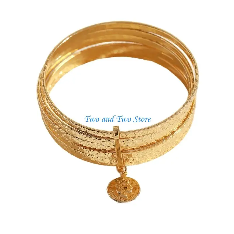 HX6F Fashionable Stackable Cuff Bangle Showcasing Antique Coin Embossed Pendant Charm