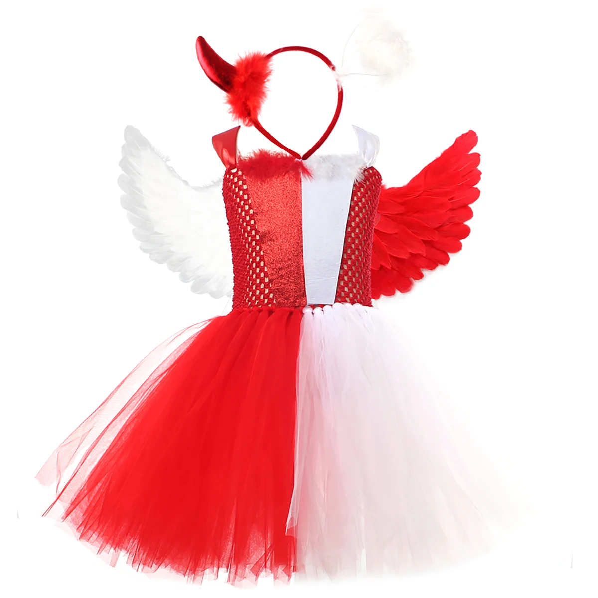 Naughty & Nice Angel Demon Child Fancy Dress for Halloween Costume Girls Cosplay Party Dress up Tutu Dress with Wing Headband