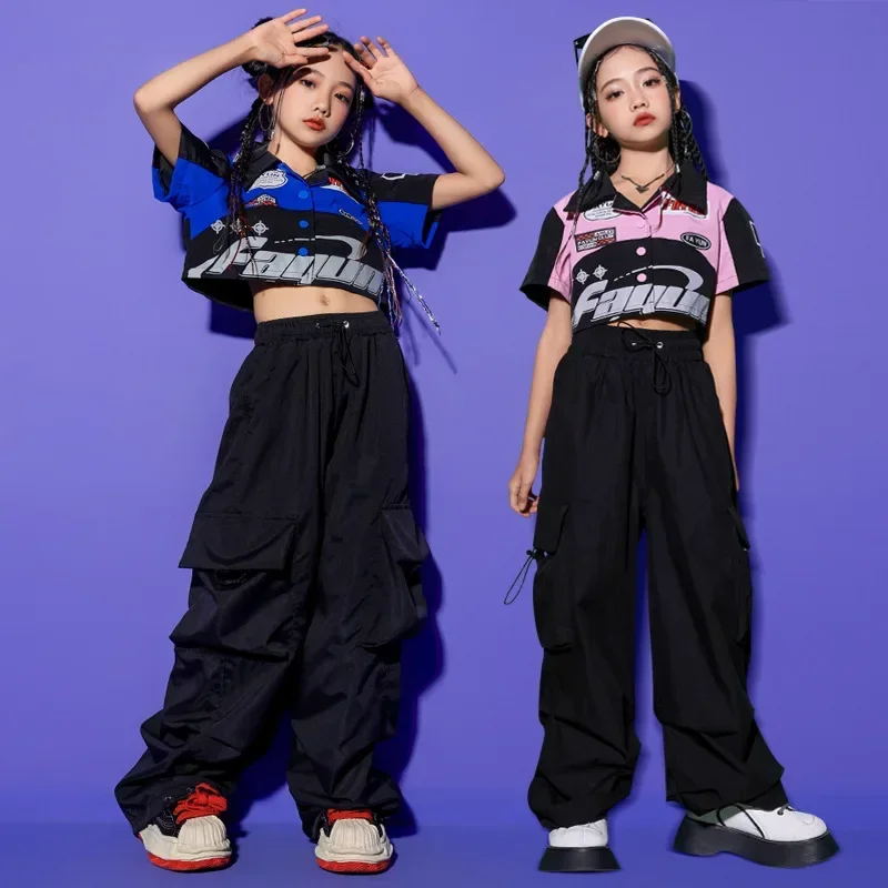 Fashion Girls Jazz Dance Costume Short Coat Black Cargo Pants Kids Hip Hop Outfits Teenagers Group Stage Performance Clothes Set