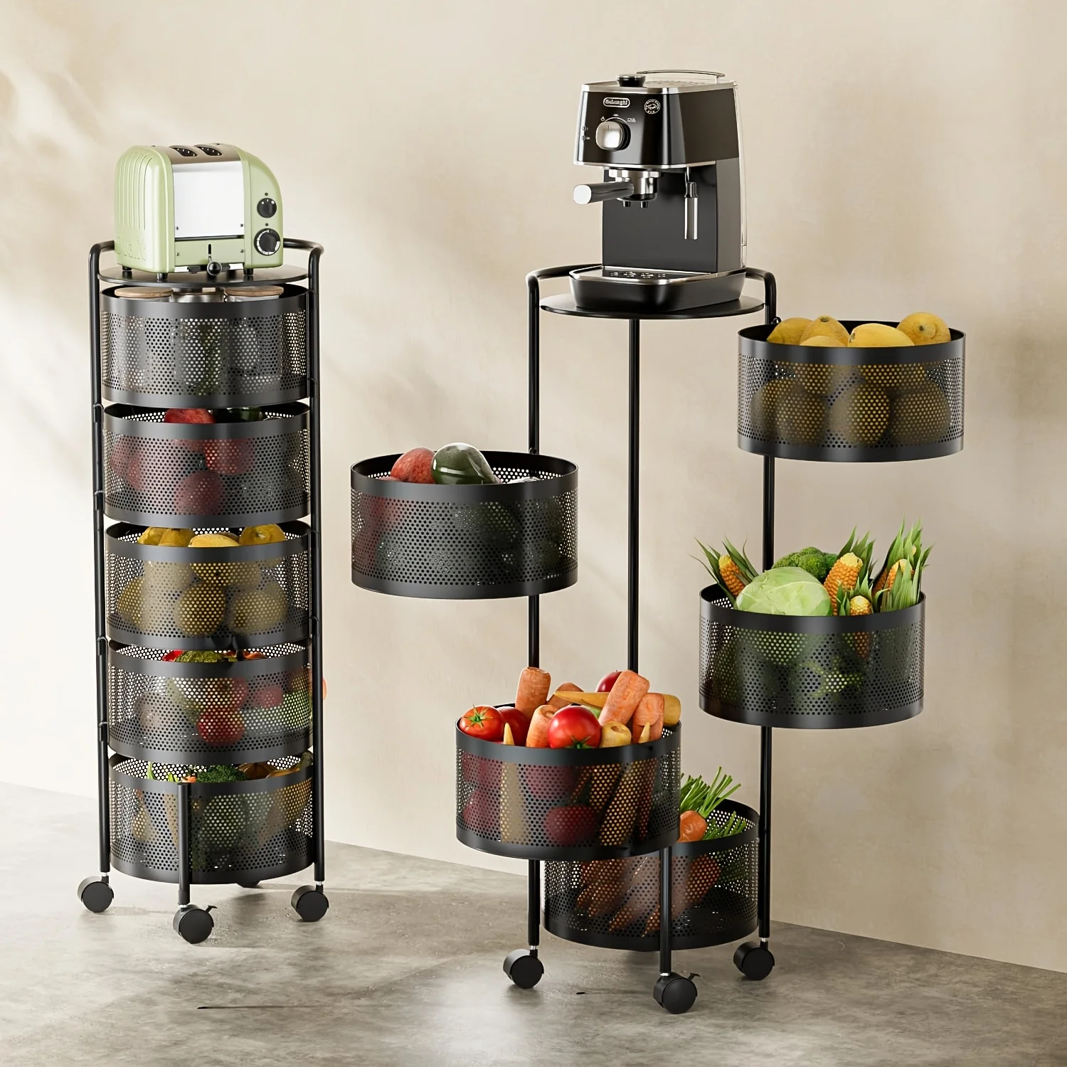 

5-Tier Rotating Storage Rack With Wheels | Black Iron Fruit & Vegetable Organizer, Mobile Utility Cart For Kitchen/Living Room