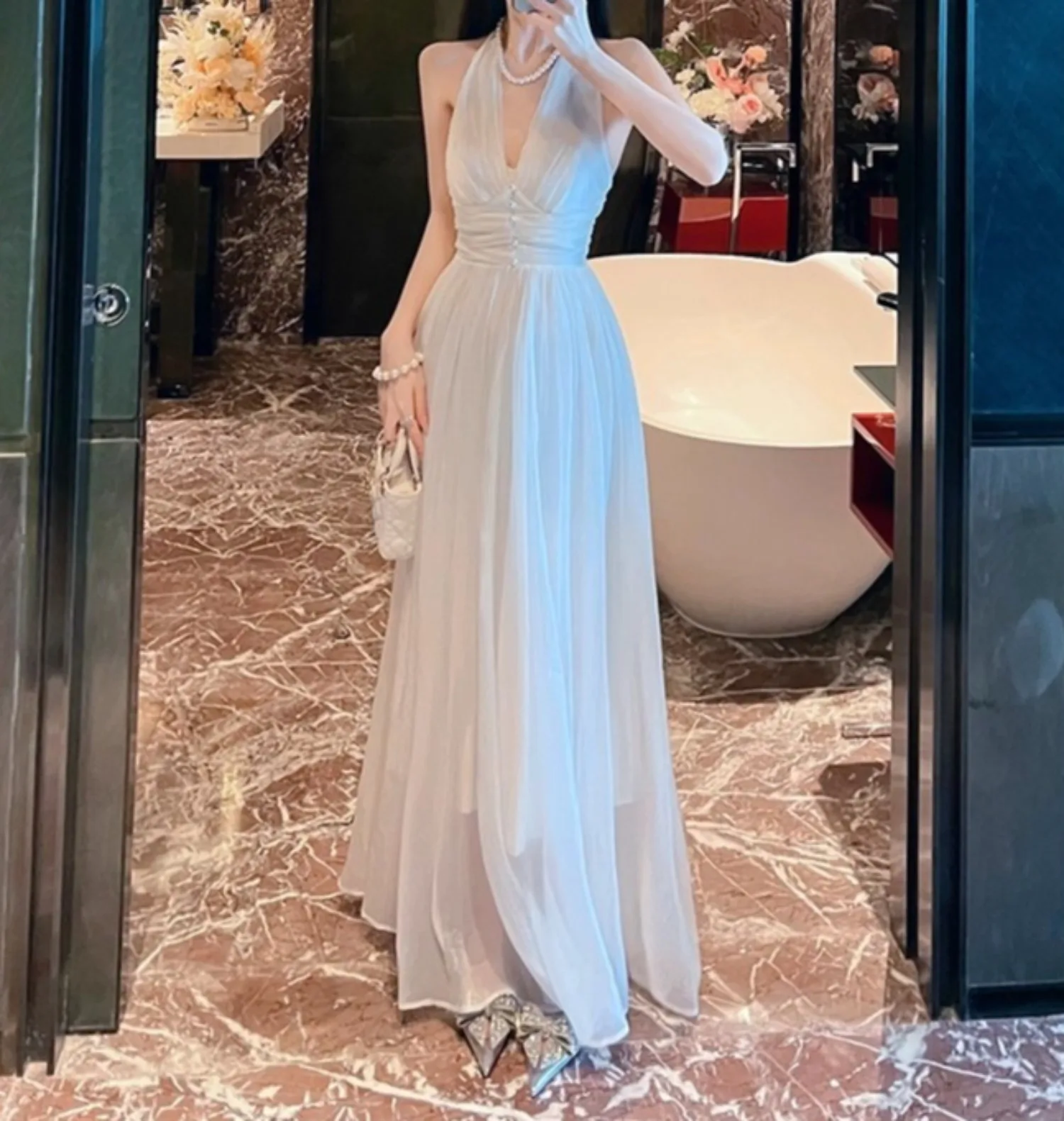 

White Backless Sleeveless Dress Women Halter Elegant Vestidos Bodycon Streetwear Summer Holiday Party Cloth Lady