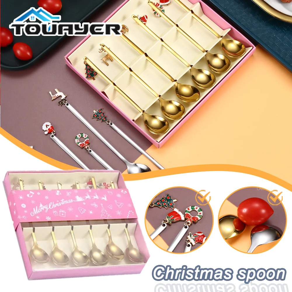 

6pcs Christmas Tableware Gift Box Stainless Steel Spoon Creative Cute Christmas Pendant Spoon for Coffee Dessert Christmas Gift