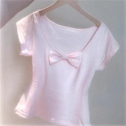 Pink Cotton T-Shirt Women Summer Cute Bowknot Tops Tee Sweet Girls Solid Casual Slim Fashion TShirt Kawaii Clothes Y2k Aesthetic