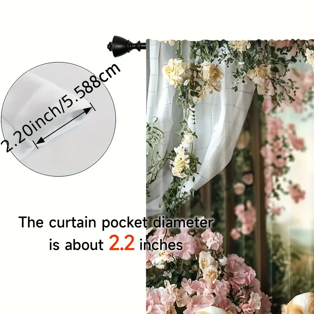 Aesthetic Golden Retriever Puppy Curtains Floral Garden Window Panels Farmhouse Style Dog Lover Home Decor Polyester Drapery