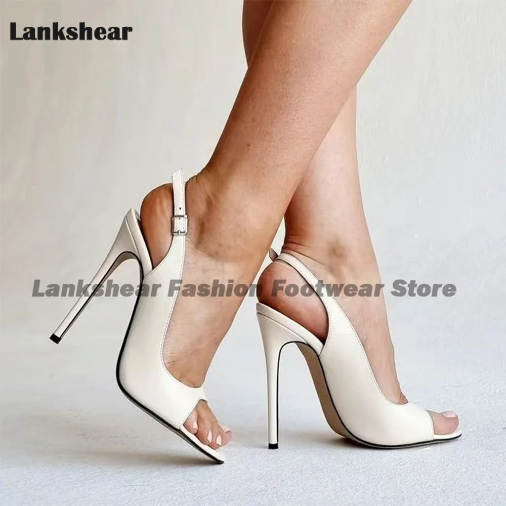 White Peep Toe Stiletto Sandals Ladies Shallow Ankle Buckle Leather Heels Party Women Shoes 2024 Handmade Zapatos Para Mujere