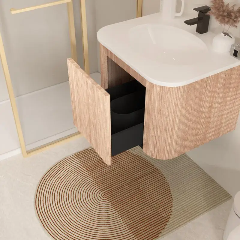 زينة حمام مثبتة على الحائط مقاس 24 بوصة مع حوض، تصميم منحني، لمسة نهائية من الخشب ذات ملمس مموج، رخام مدمج، تم تجميعها مسبقًا، #4