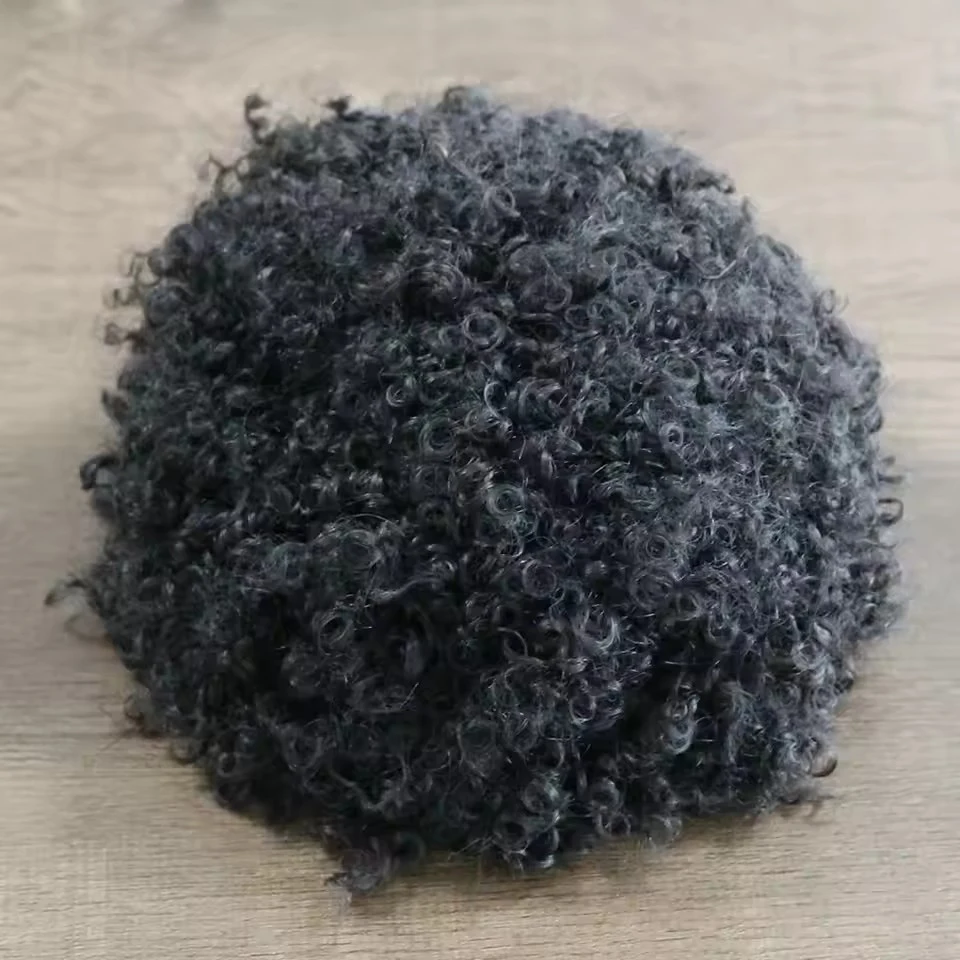 Unentdeckbare schwarze Afro 8mm lockige 1b20 1B40 1B80 graue Echthaar-Toupet für Herren, 0,1mm Injektions-PU-Basis, Haarprothese für Männer – Detail 4
