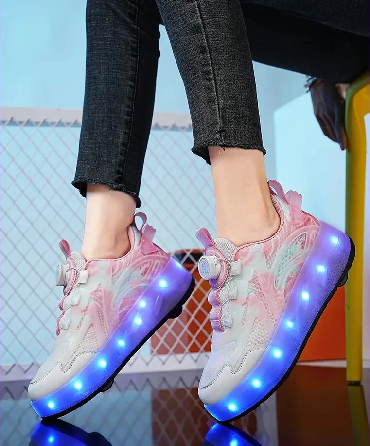 أحذية تزلج للأطفال على شكل عجلة مزدوجة وتصميم رباعي العجلات شفرات دوارة مقاس قابلة للتعديل للأولاد والبنات أحذية رياضية للأطفال