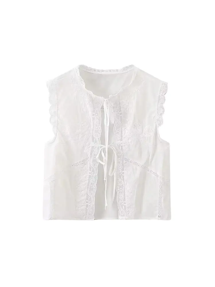 TRZA-Women's Lace Embroidery Blouses, O Neck, Sleeveless, Front Tied, Female Shirts, Chic Tops, Fashion