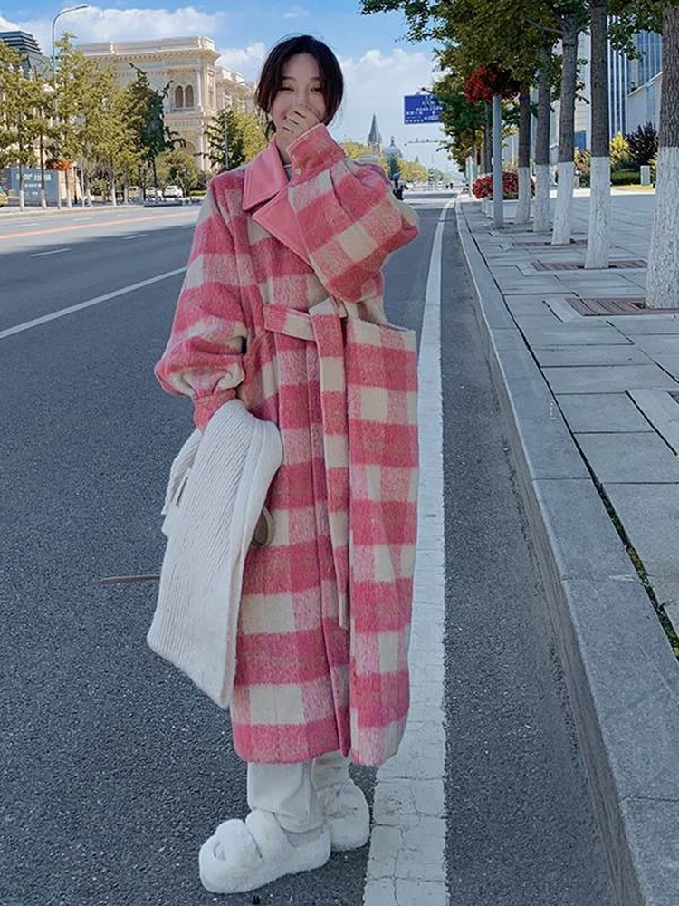 Winter Woman Woolen Coat Pink Plaid Color Block With Sashes Vintage Style Lapel Collar Loose Jackets 2023 Autumn Fashion