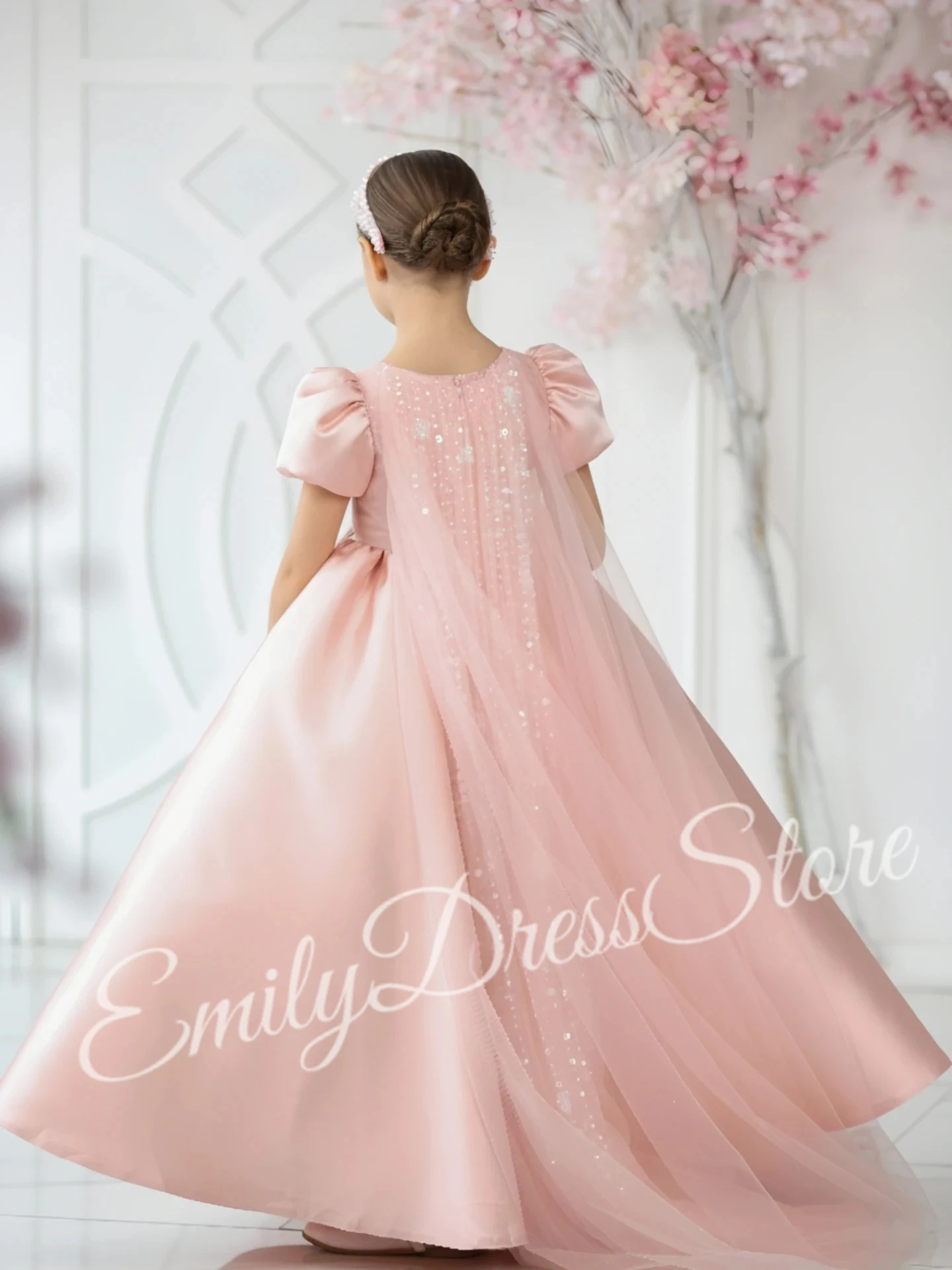 فستان فتاة الزهور الوردي المخصص لحفلات الزفاف مزين بالتر منتفخ مع عباءة لامعة لأعياد ميلاد الأطفال أول كرة مناولة #3