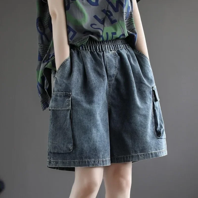 

Spring Summer Oversized Women's Korean Elastic High Waisted Patchwork Pocket Loose Distressed Casual Wide-leg Denim Shorts B123