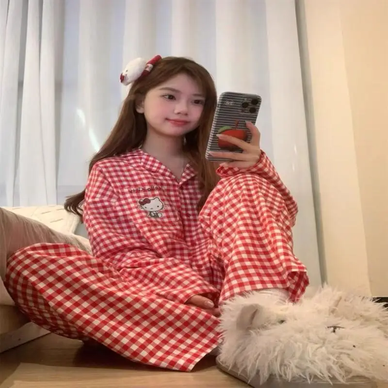 

Комплект пижамы Sanrio Hello Kitty, хлопок, женская домашняя одежда, милый клетчатый узор, длинный рукав, длинные брюки, весна-осень, новинка, для девушек, как в Instagram