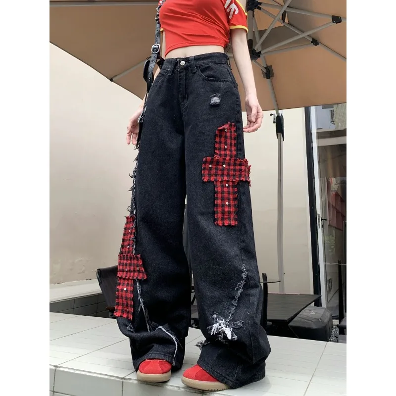 Deeptown Y2k Gothic Vintage Women Jeans Baggy Japanese Style Denim Pants Harajuku Patchwork Embroidery Streetwear Punk Trousers