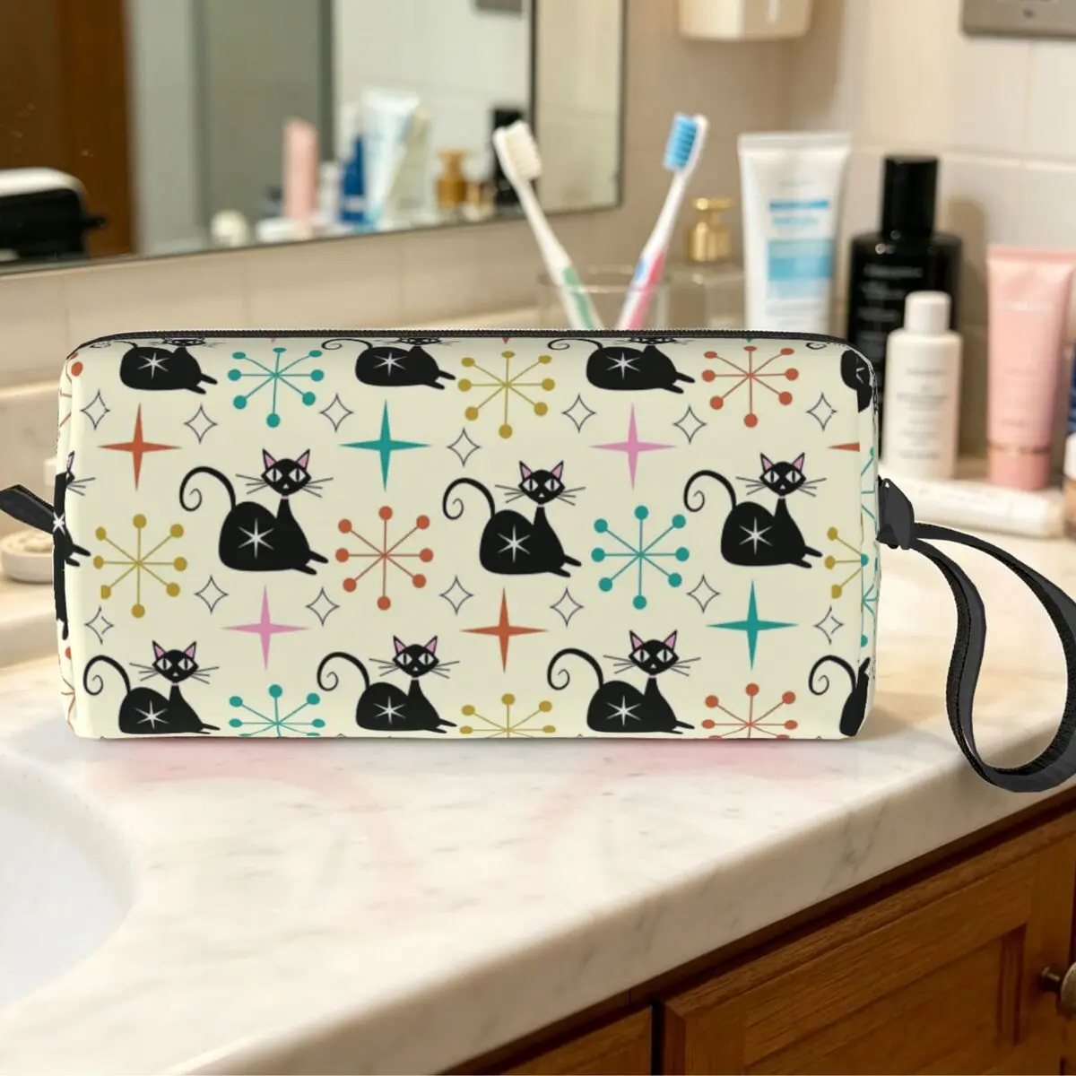 Mid Century Black Atomic Cat With Starbursts Makeup Bag Cosmetic Organizer Storage Dopp Kit for Women Beauty Travel Pencil Case