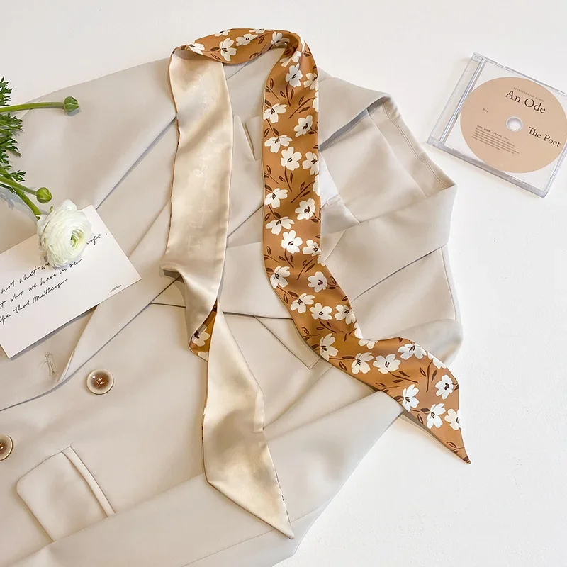 4 stücke dünne Tasche Band Schals für Frauen Mode druck weichen Satin Haarband Foulard Halstuch weibliche Krawatte Haar Schal – Detail 6