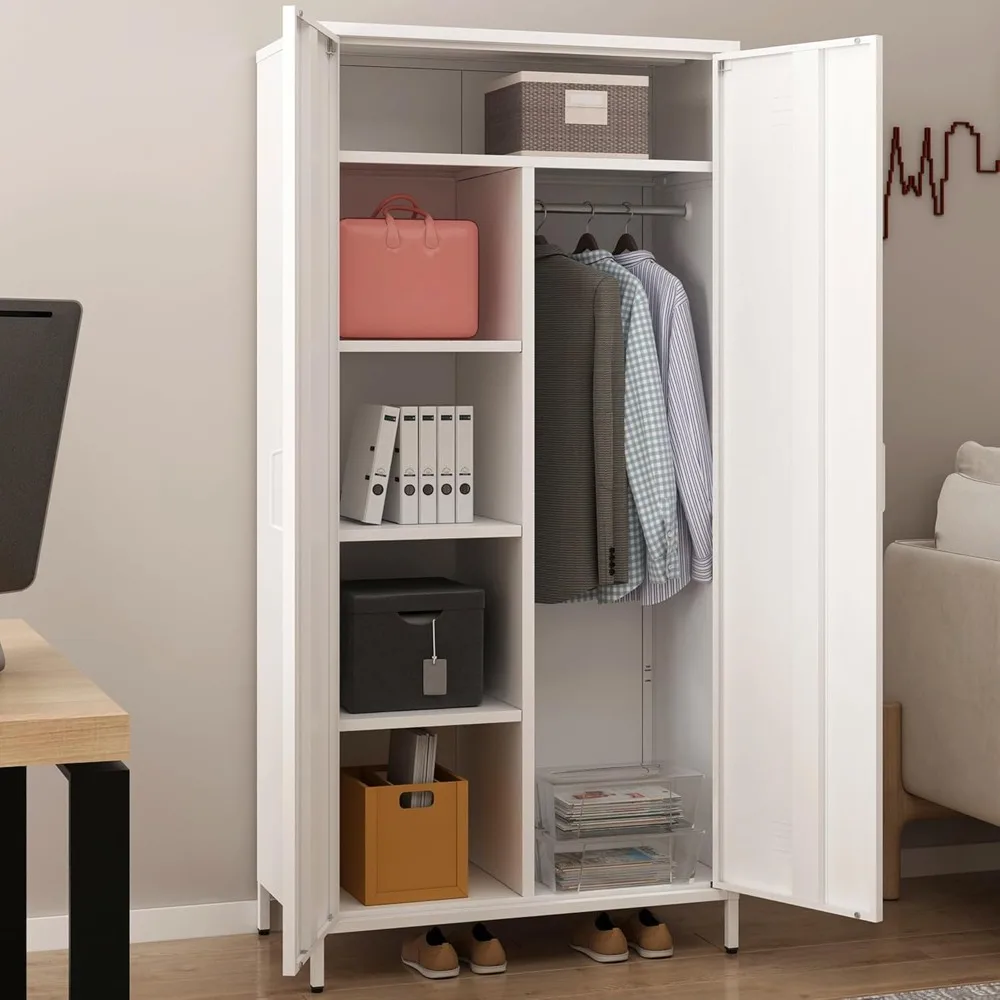 Metal Armoire, Wardrobe Closet Cabinet with 1 Hanging Rod and 4 Shelves for Bedroom, Changing Room, Laundry Room, Office (White)