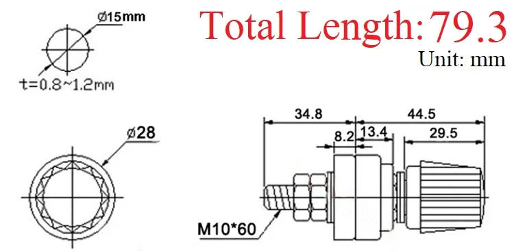 Copper 555 M10x60 Wire Binding Post Thread Screw Dia 10mm Weld Machine Inverter Clamps Power Supply Connect Terminal Splice 300A