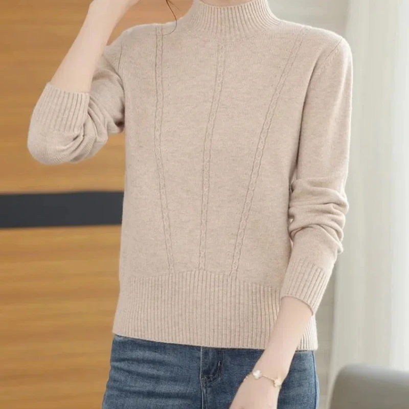 オフィスレディソリッドカラープルオーバー長袖秋冬婦人服セーターニットハーフハイカラーネジトップス