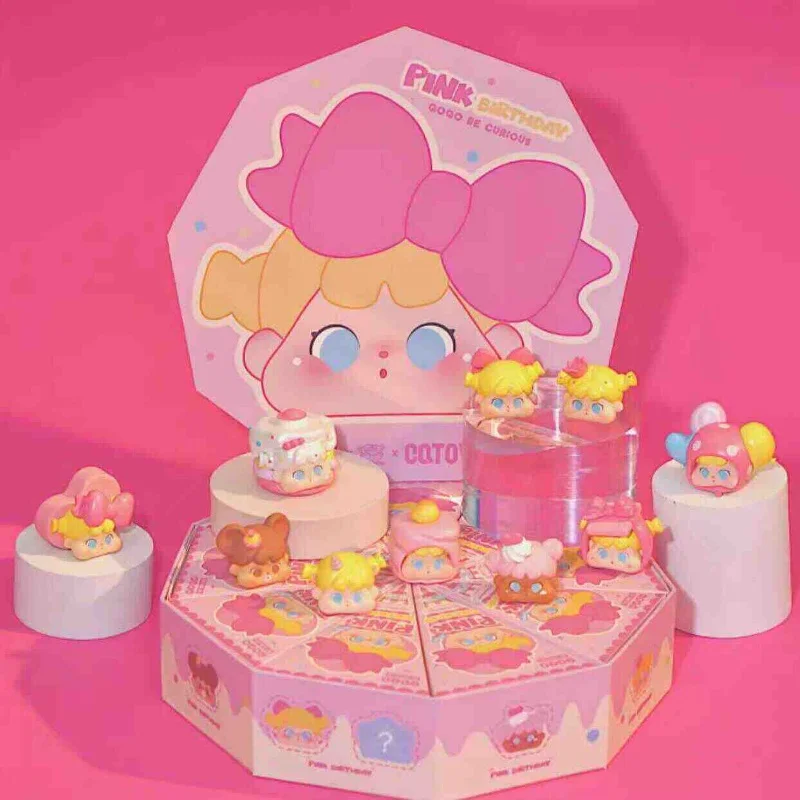 Qoqo Miniface Pink Birthday Series Caixa cega, saco cego, ornamento de mesa, boneco bonito dos desenhos animados, presente surpresa colecionável para criança