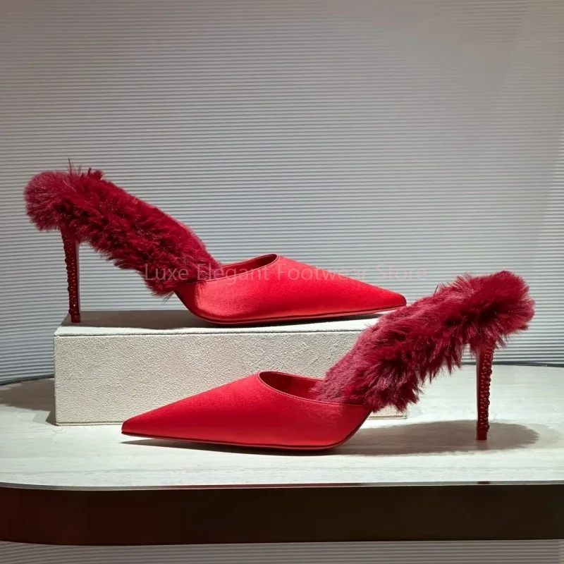 

Red Suede Fluffy Rhinestone Stiletto Sandals Women Shiny Crystal Slip On Pointed Slippers Fashion Luxury Party Dress Prom Pumps
