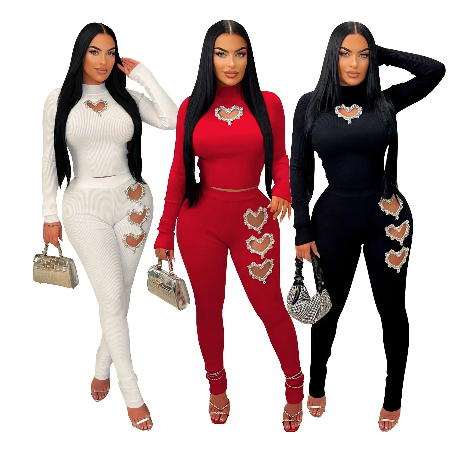 AL260 Women's Pit Stripe Sports Suit Two-piece Set Skinny Sexy Hot Diamond Suit Set