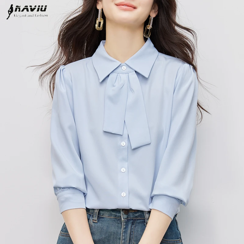 

Naviu 2026 Новая модная женская блузка с длинным рукавом и бантом, формальная рубашка, весенний топ свободного кроя