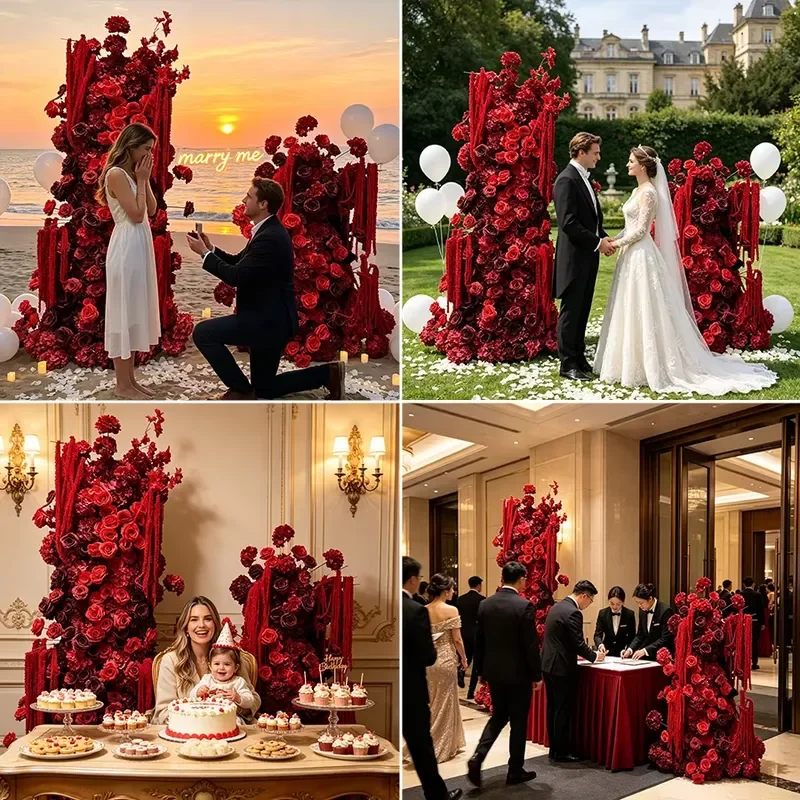 Retro Burgundy Floral Runner Gothic Fall Wedding Entrance Arch Decor