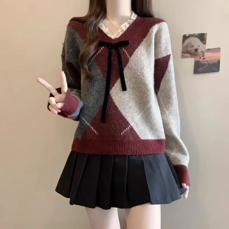 Maglione lavorato a maglia allentato con design a diamante V-Ne con giunture in pizzo da donna Autunno Inverno New Sle Casual Faion Top