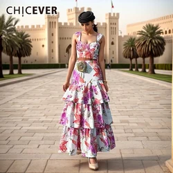 CHICEVER Floral Printing Two Piece Set For Women Hit Color Camisole Vest High Waist Bodycon Pleated Dress Female Clothing Sets