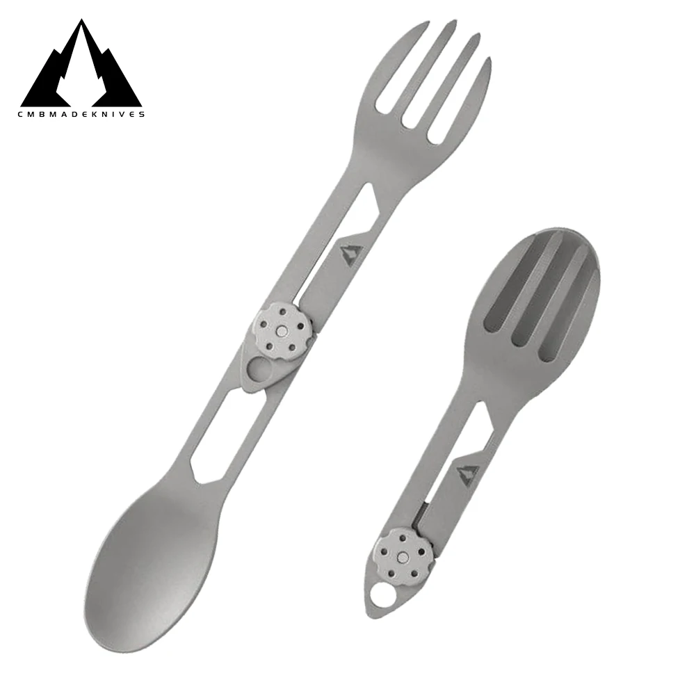 CMBMADEKNIVES Titanium 2 in 1 Folding Fork and Spoon Combo Lightweight Camping Utensil Spork for Backpacking Outdoor CMB-E01