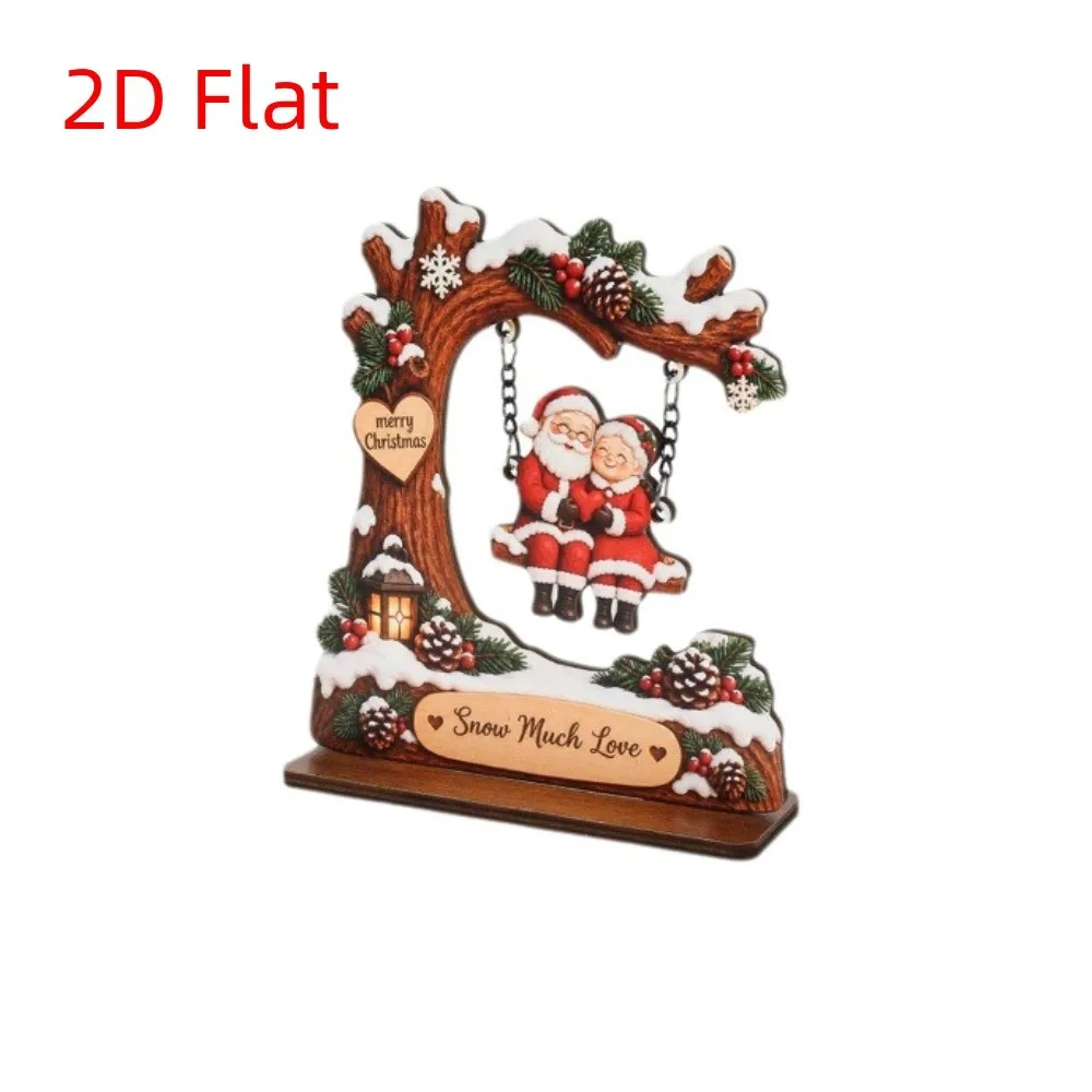 2D Flat Wooden Christmas Ornament Brown Base Handcrafted Desktop Plaque Vintage Swing Santa Claus Decoration Holiday Gift