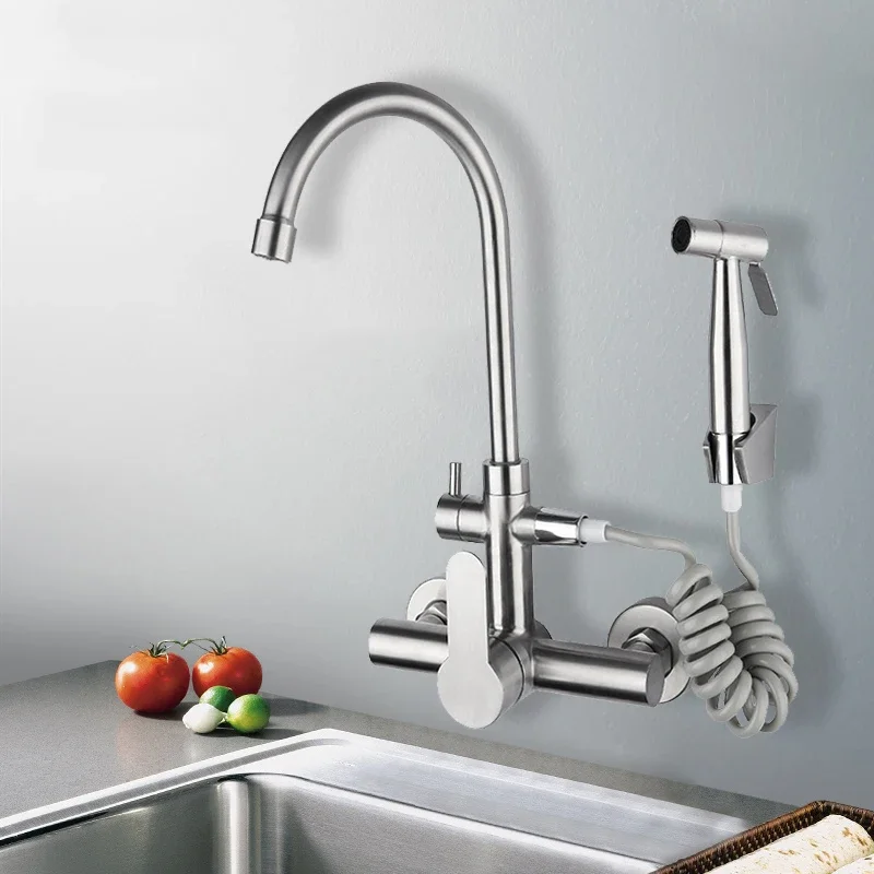 

Wall Mount Kitchen Faucet Stainless Steel Swivel Dual Hole Sink Tap with Bidet Sprayer Shower Head Cold Hot Water Mixer Faucets