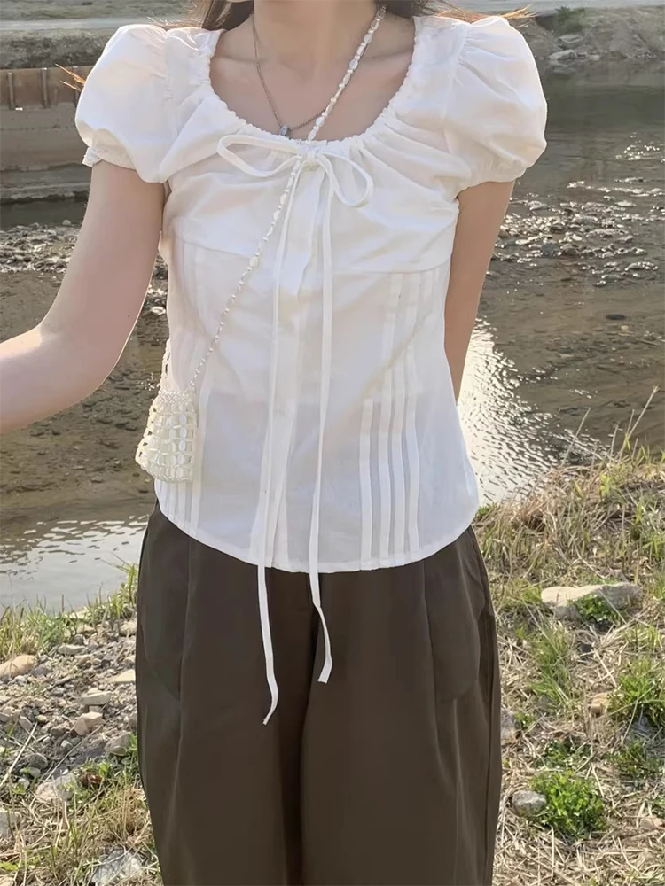 Été nouveau Sle femmes irt noeud Dstring taille cintrée bulle Sve haut coréen Sle Slim Fit ort Sve...