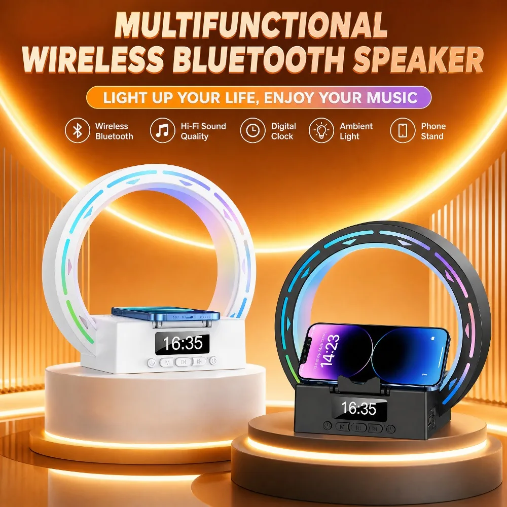 Bluetooth Speaker with Wireless Charging Station Ambient Light Digital Time Display, Cell Phone Holder Alarm Clock Desktop Audio