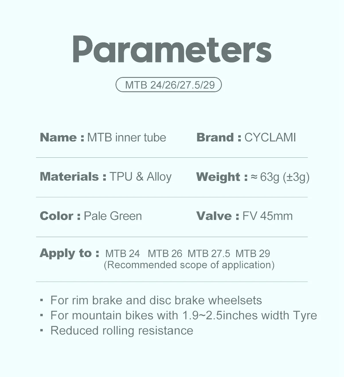 10 Stück CYCLAMI Ultraleichter TPU-Fahrradschlauch MTB 26 27,5 29 Zoll Fahrrad 63 g French Valve Reifenreparaturwerkzeuge Radfahren Großhändler – Detail 4